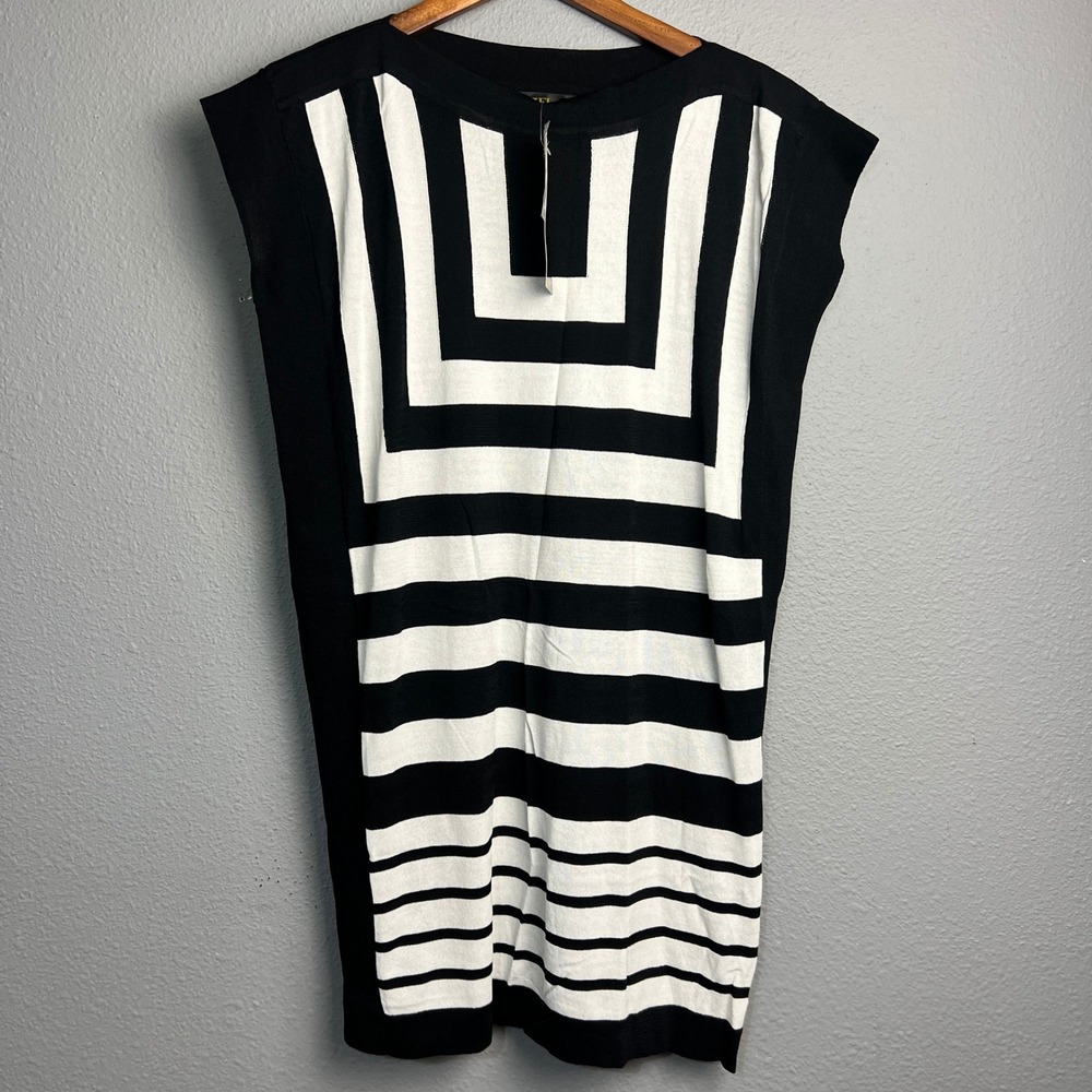 GIZEL Black‎ White Geometric Knit Dress 1X NWT Mod Stripe Sleeveless Shift Retro